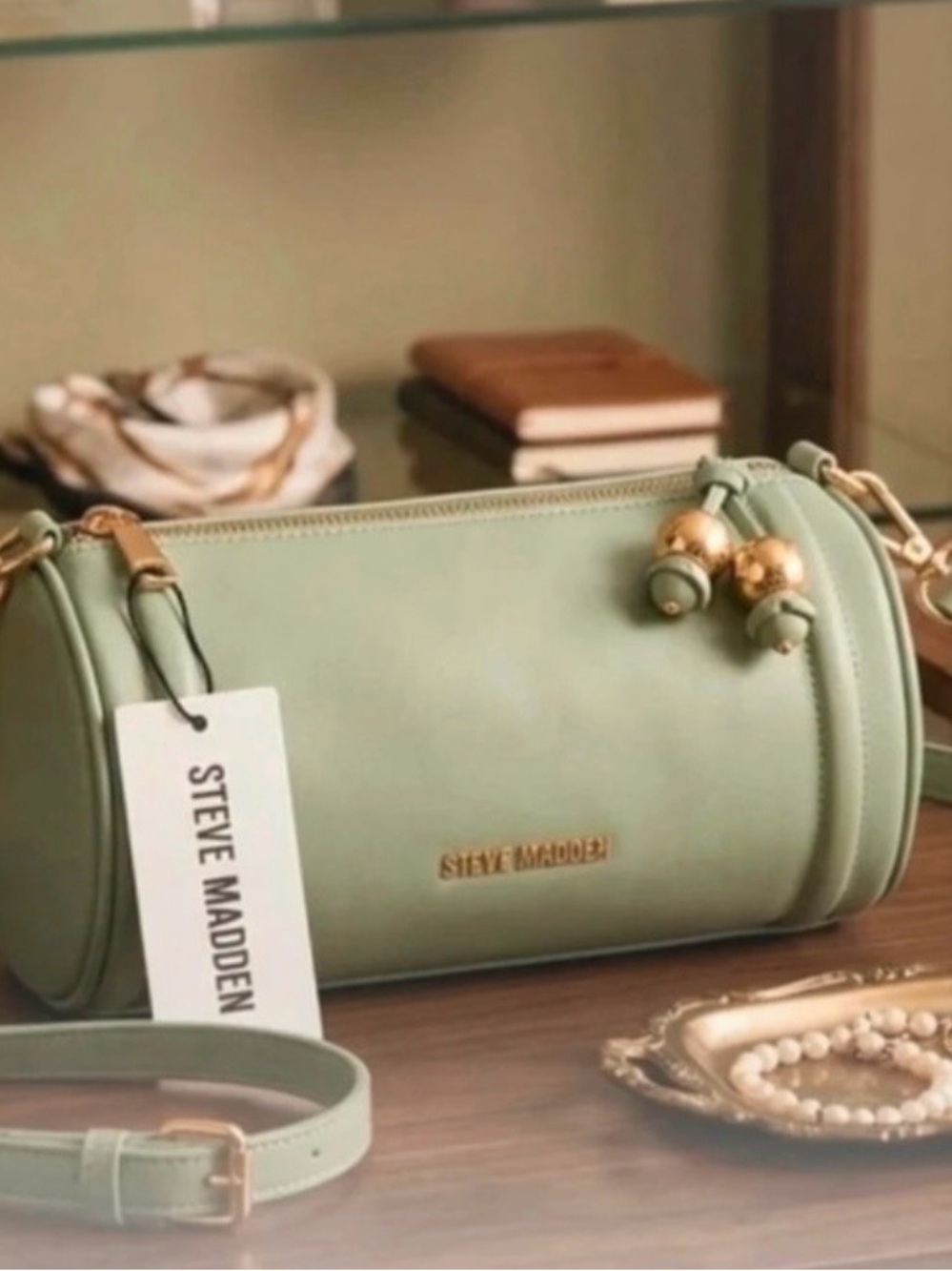 Steve Madden Sage Green Barrel Crossbody Bag with Gold Accents